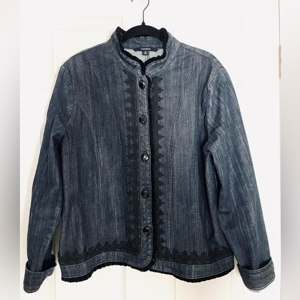 EUC Chadwicks Romantic Y2K Denim Jacket Velvet Ruffle Trim Gothic-Lite Jacket